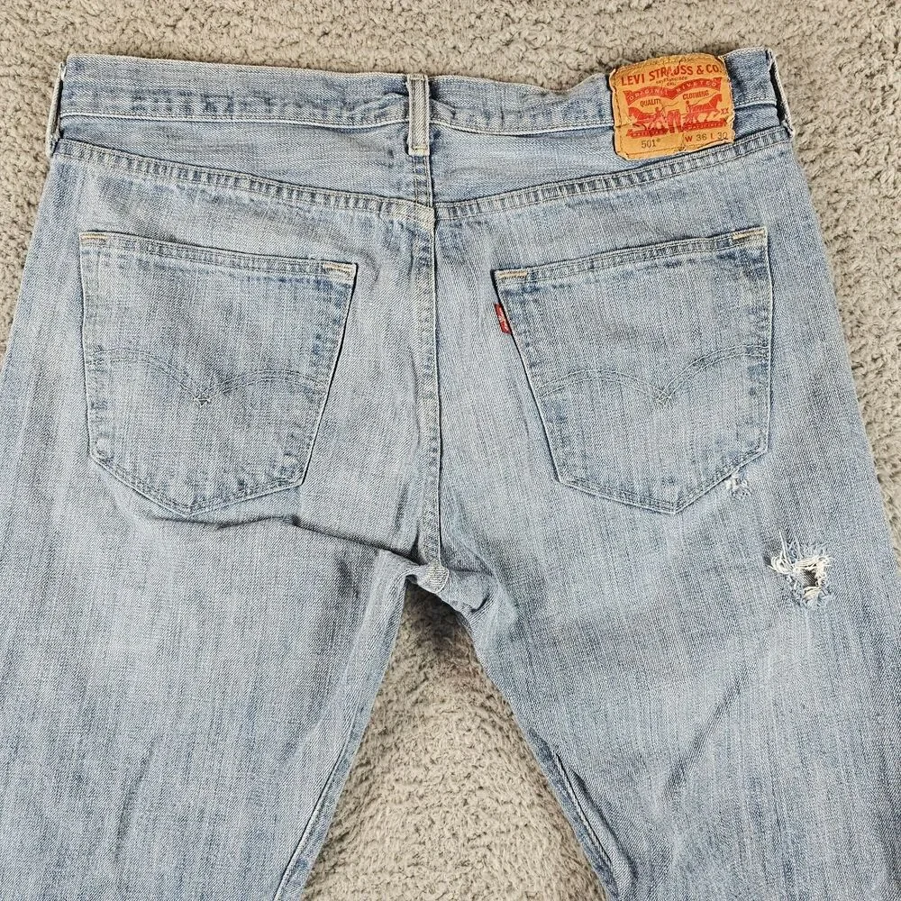 Levis 501 Jeans Mens 36x29* Blue Button Fly Classic Straight Grunge Distressed